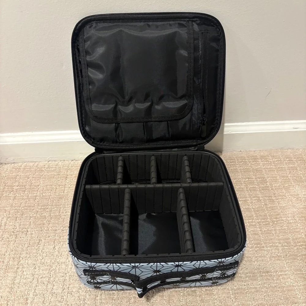 Makeup Hard Case Organizer Women OS Blue Geometric Starburst Travel Bag NEW